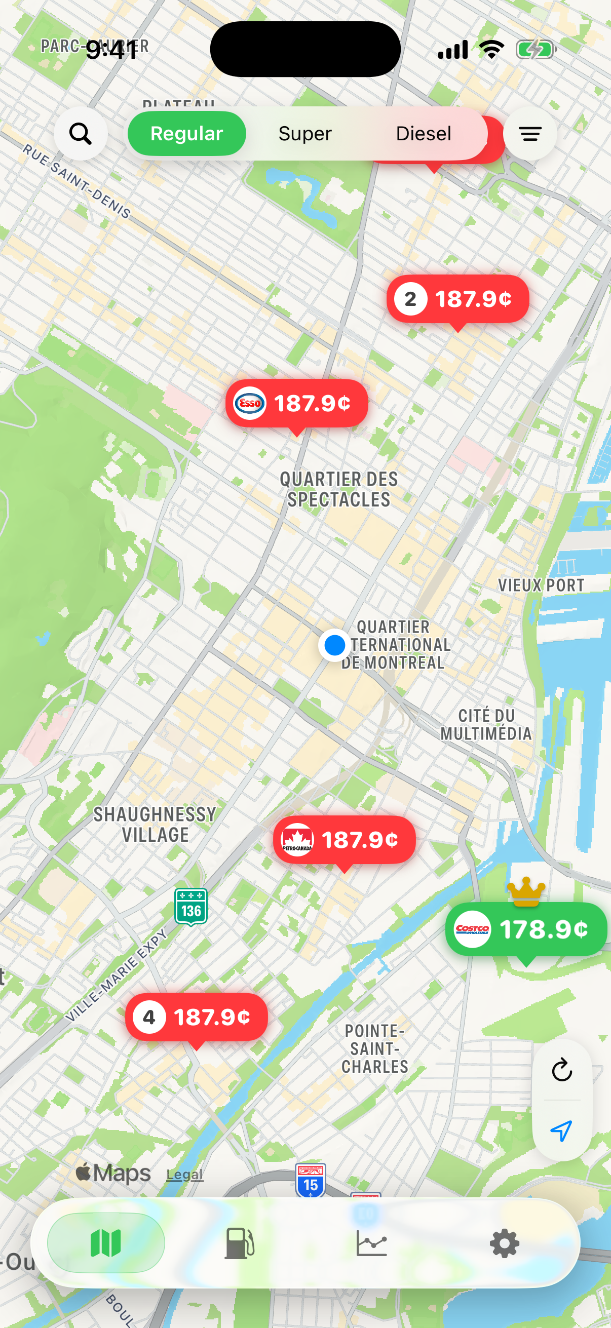 GoFuel live map of fuel prices in Montreal