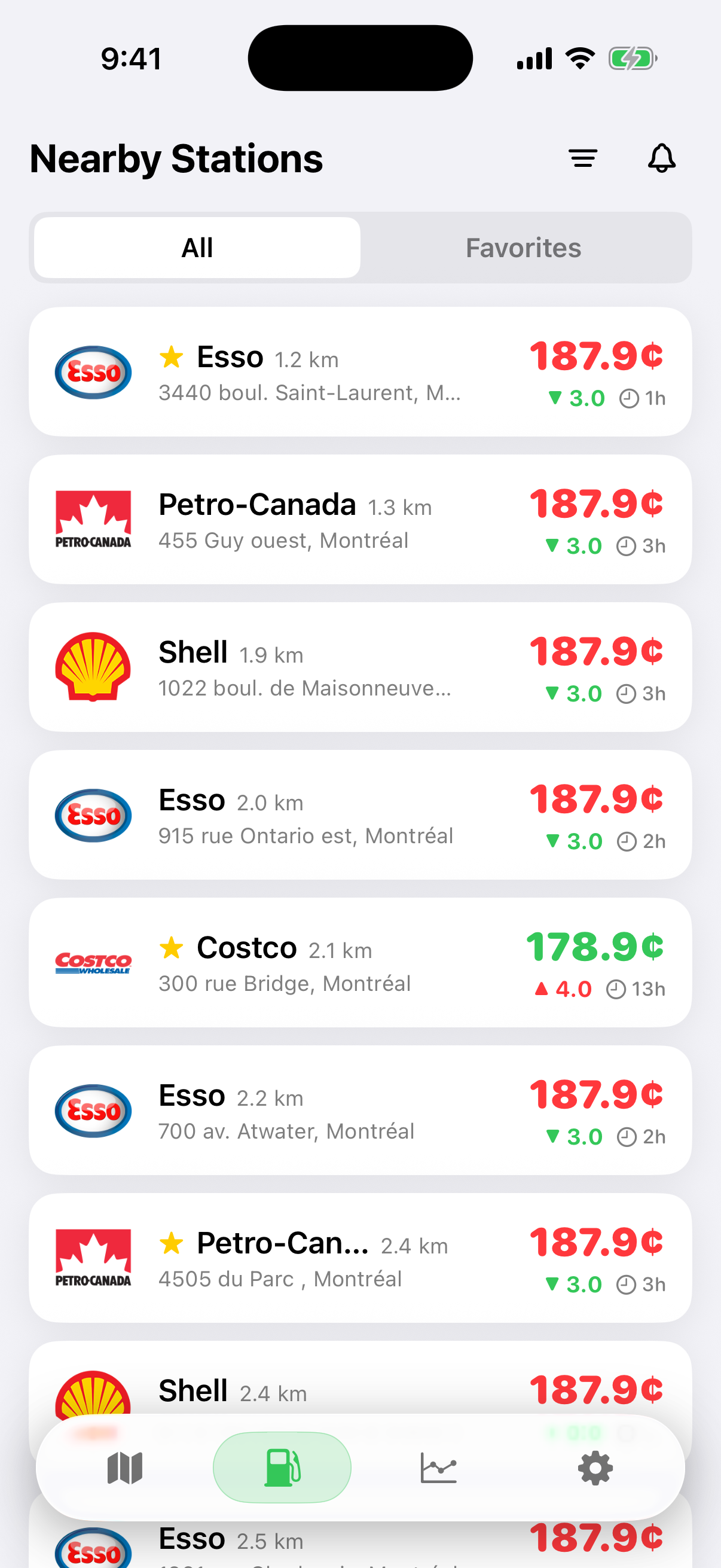 GoFuel nearby gas station prices, sorted by distance
